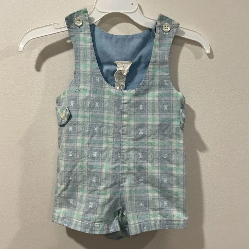 Vintage Boys Size 12M Teddy Bear Plaid Romper Shortall Jumper Made In USA